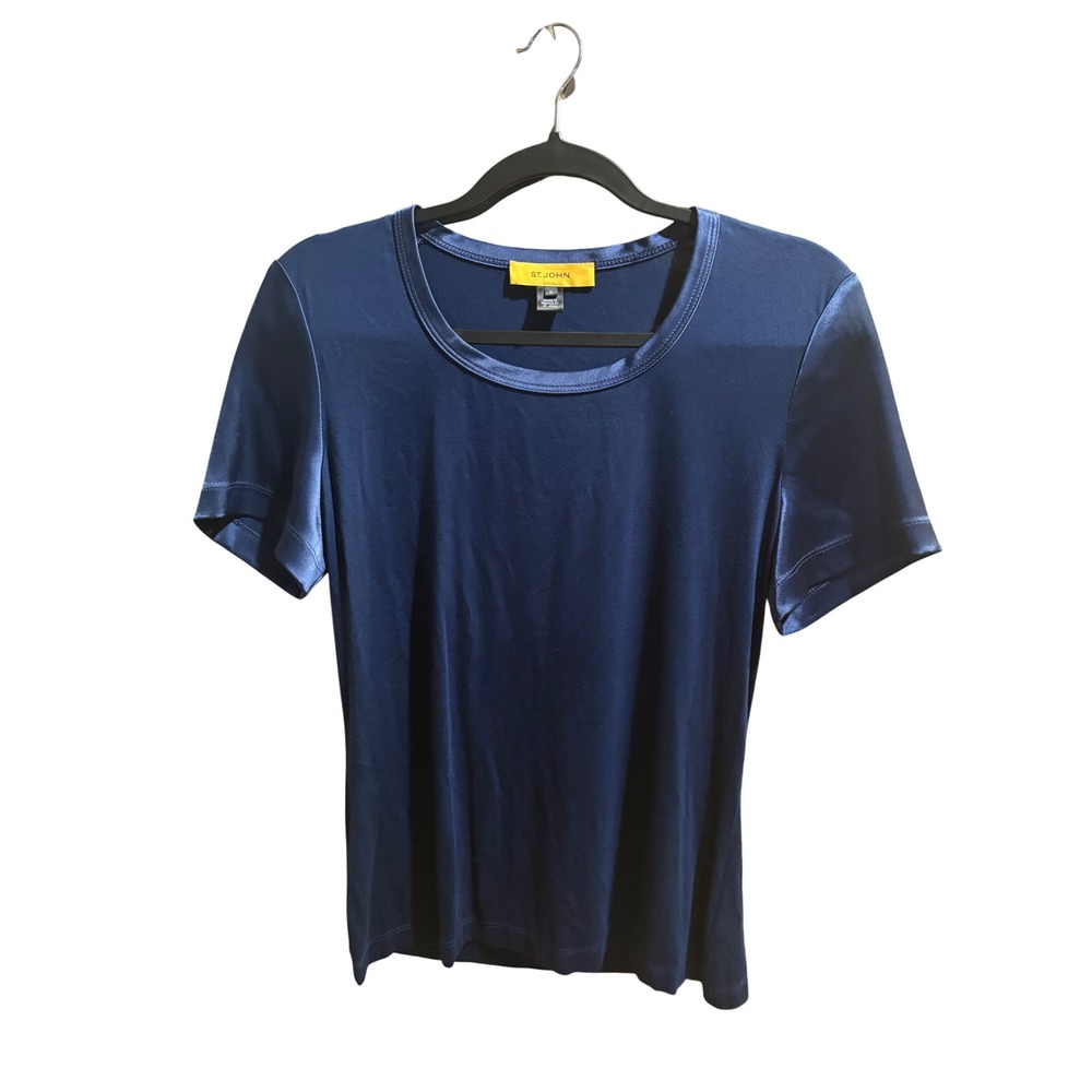 St John Navy Tee Shirt With Satin Sleeves Size Medium